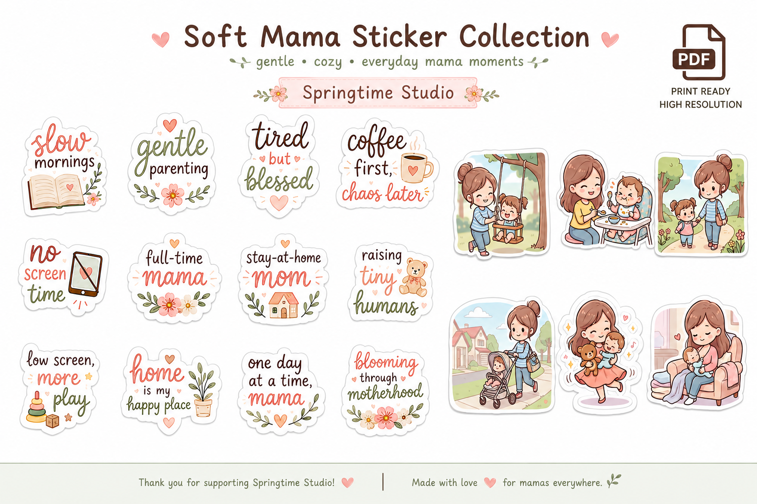 Soft Mama Life Sticker Bundle | Cute Mom & Baby Digital Stickers | Printable PNG + PDF Sticker Pack