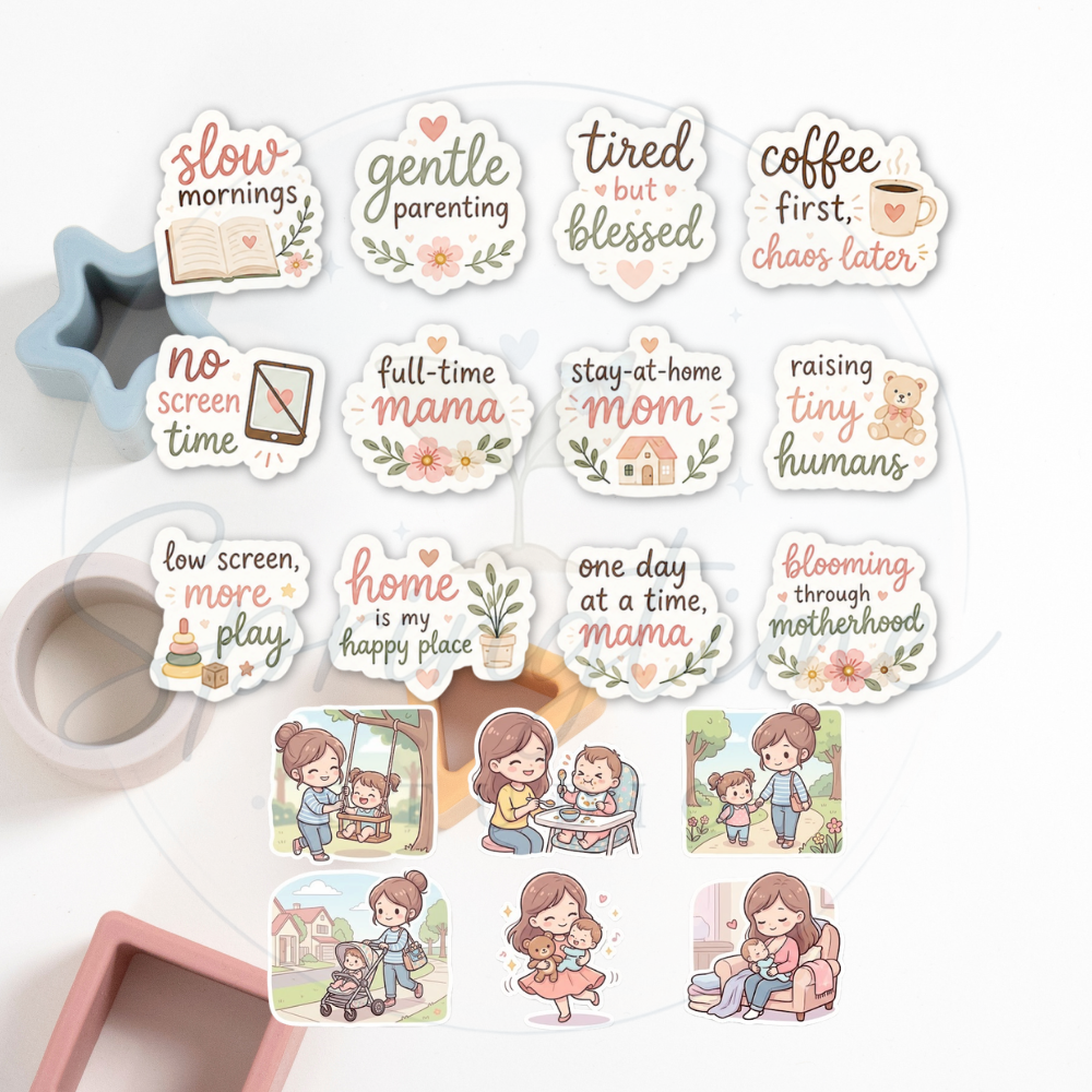 Soft Mama Life Sticker Bundle | Cute Mom & Baby Digital Stickers | Printable PNG + PDF Sticker Pack