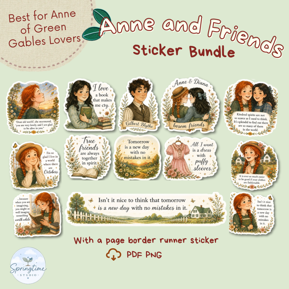 Anne & Friends Printable Sticker Bundle | Literary Quote Stickers | Digital Download | Cottagecore Book Lover Stickers