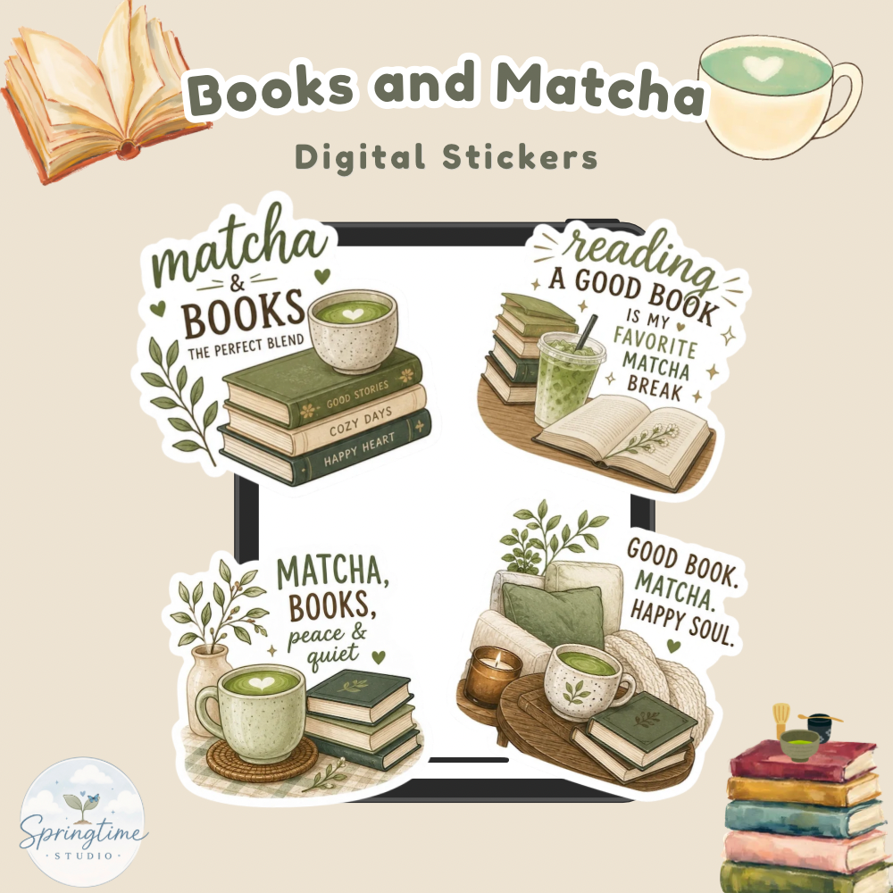Books & Matcha Printable Sticker Sheet | Cozy Reading & Matcha Lover Stickers | Bookish Journal & Planner Stickers - Books and Matcha Stickers