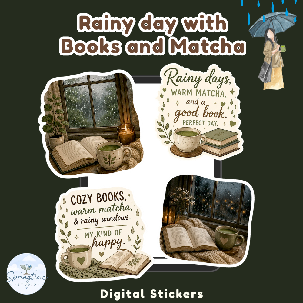 Rainy day with Books and Matcha | Cozy Reading while Raining & Matcha Lover Stickers | Bookish Journal & Planner Stickers - Cottagecore Reading Journal PNG PDF Books and Matcha Stickers
