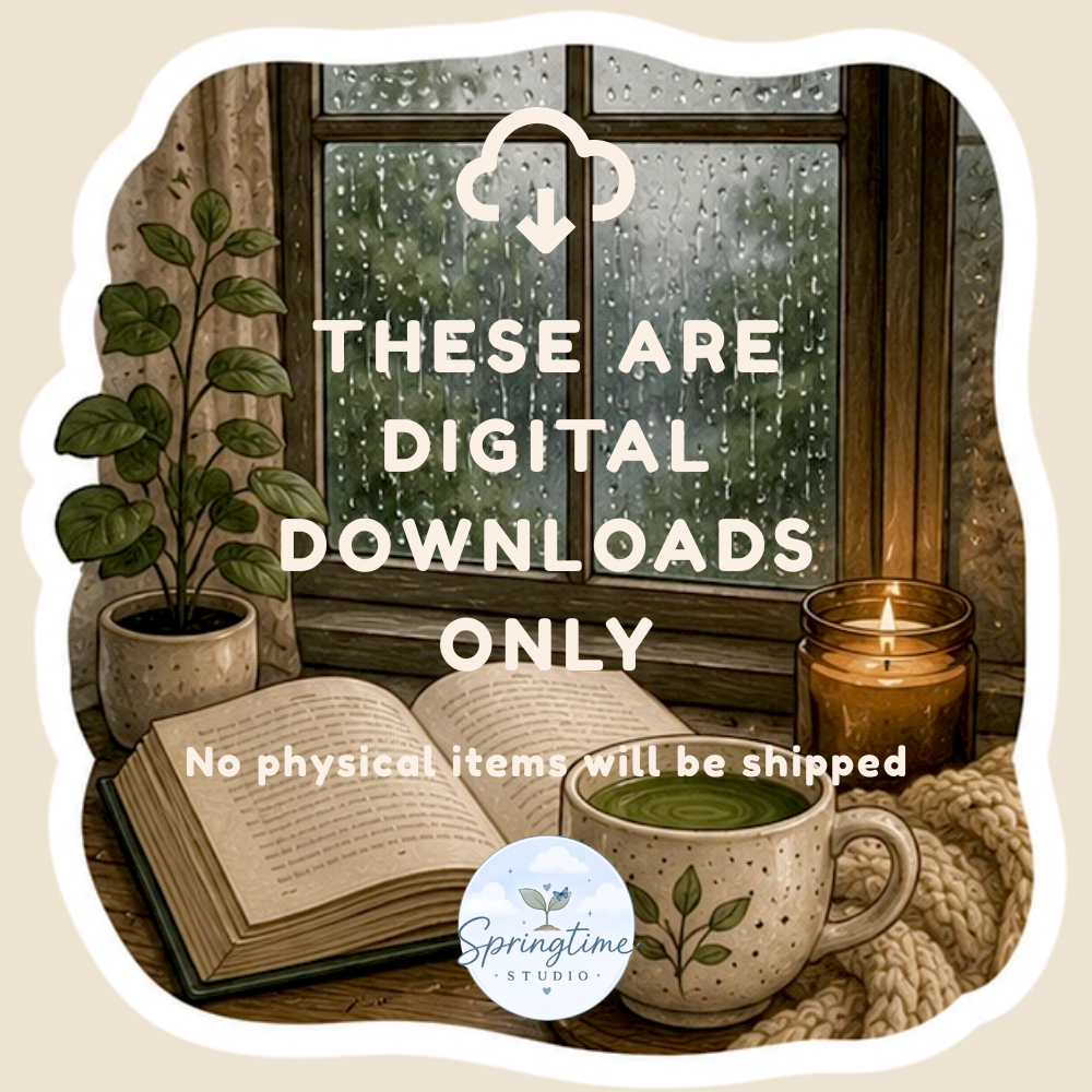 Rainy day with Books and Matcha | Cozy Reading while Raining & Matcha Lover Stickers | Bookish Journal & Planner Stickers - Cottagecore Reading Journal PNG PDF Books and Matcha Stickers