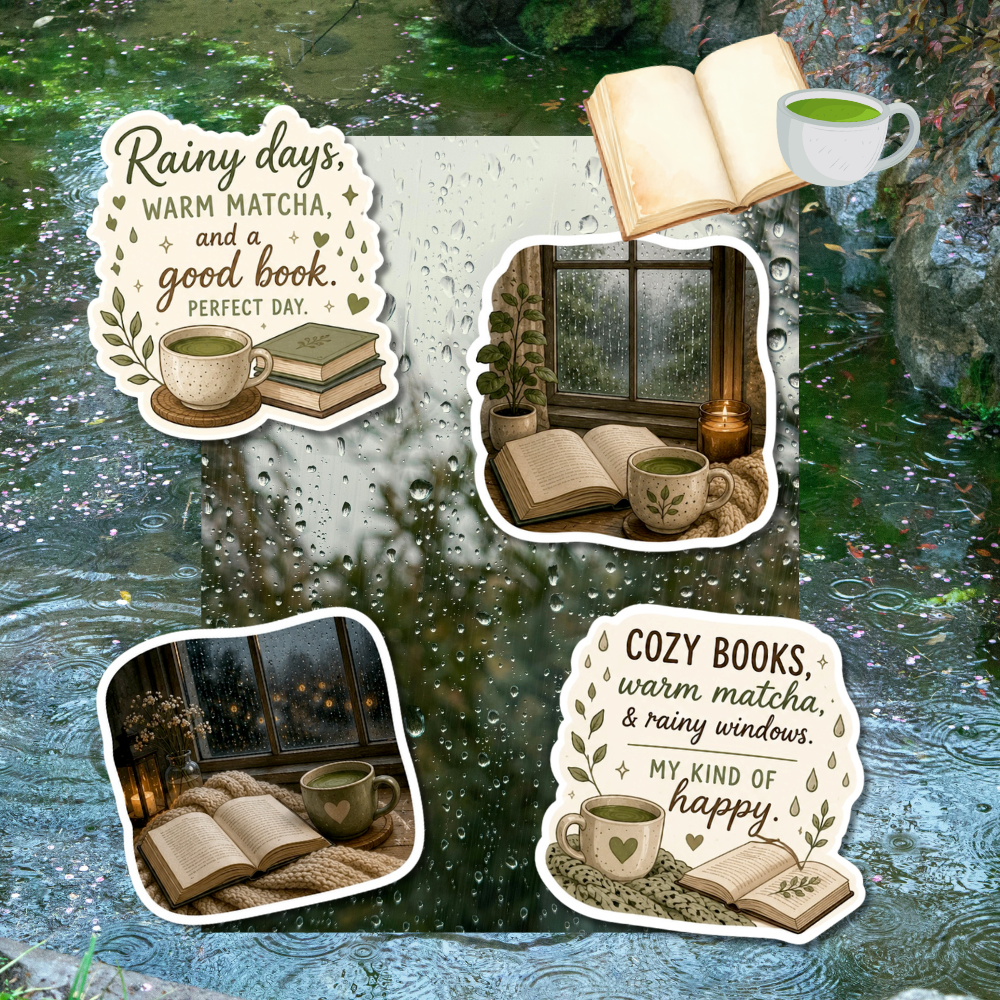 Rainy day with Books and Matcha | Cozy Reading while Raining & Matcha Lover Stickers | Bookish Journal & Planner Stickers - Cottagecore Reading Journal PNG PDF Books and Matcha Stickers