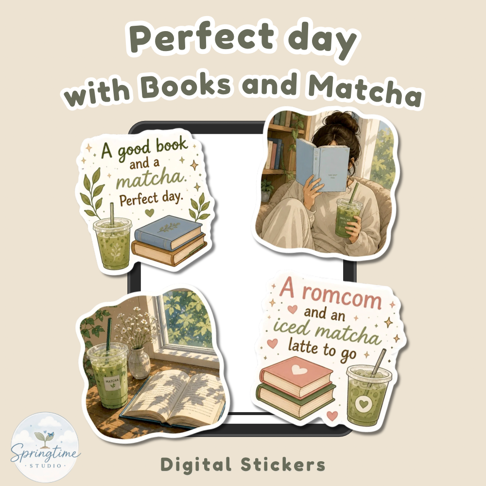 Girl Reading Book with Iced Matcha Stickers | Cozy Book Lover Planner Stickers | Cute Bookish Journal Stickers | Printable PNG PDF
