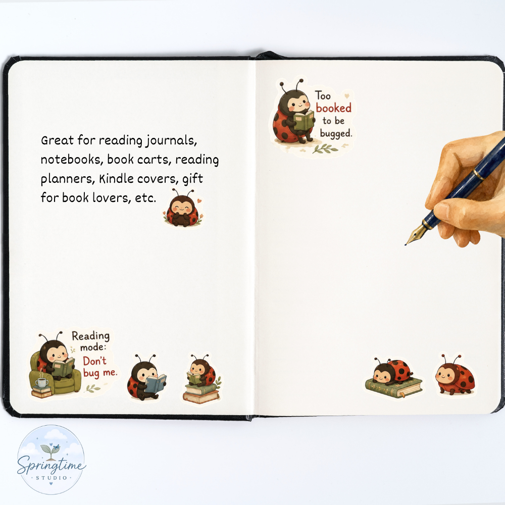 Bookish Ladybug Sticker Pack | Cozy Reading Stickers | Cute Reading Journal | Relatable Bookish Whimsical Reading Journal Stickers