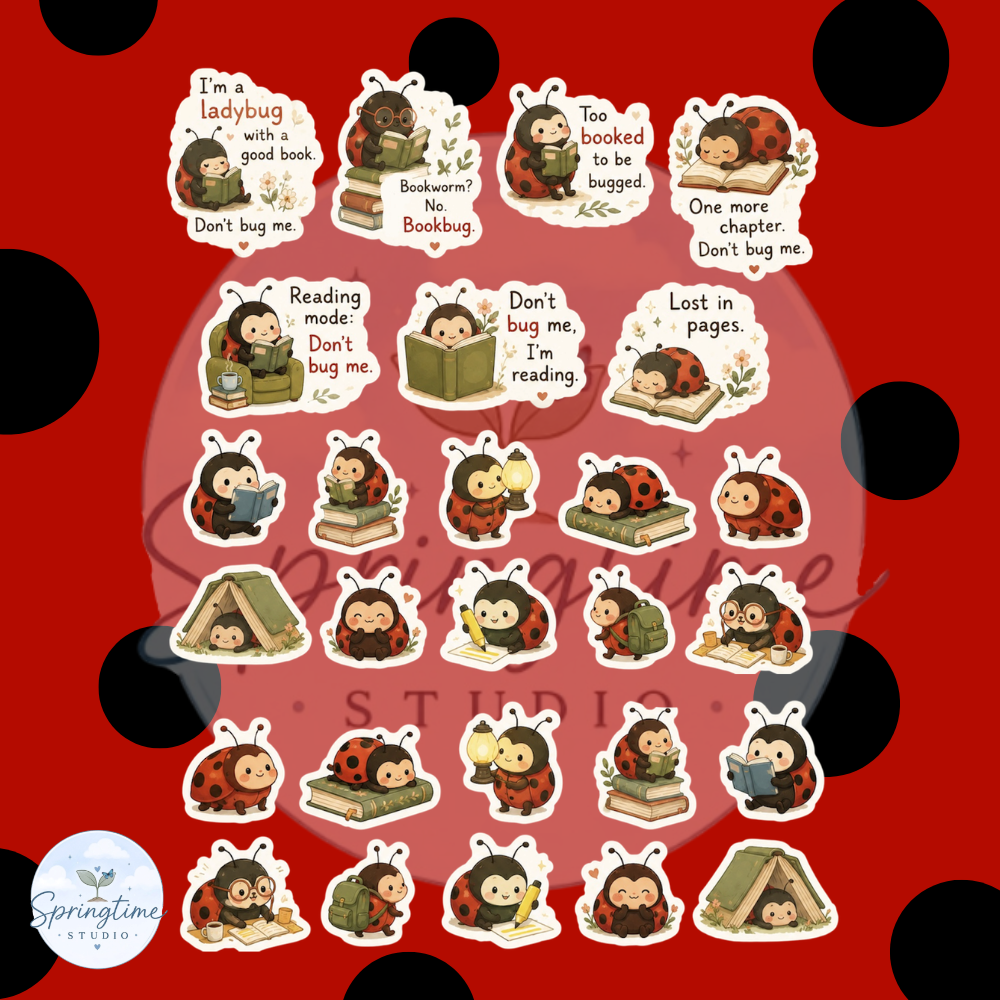 Bookish Ladybug Sticker Pack | Cozy Reading Stickers | Cute Reading Journal | Relatable Bookish Whimsical Reading Journal Stickers