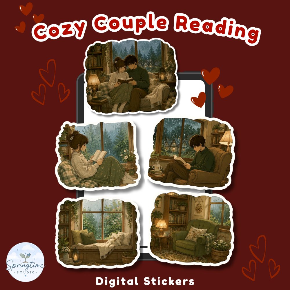 Cozy Couple Reading While Raining Stickers | Book Lover Printable Planner Stickers | PNG & PDF Digital Download